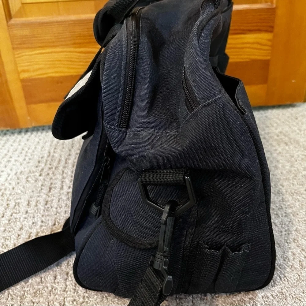 Eddie Bauer Black Canvas Leather Diaper Bag Changing Pad Overnight Travel Rugged